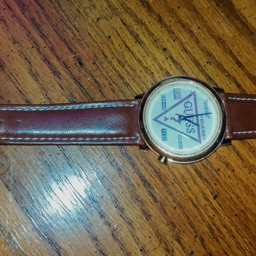 Guess Gold-Tone Watch with Brown Leather Strap